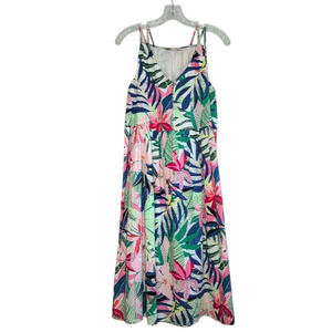 Loft Multi-Color Palm Print Double Strap Midi Dress Cotton/Rayon, size 2
